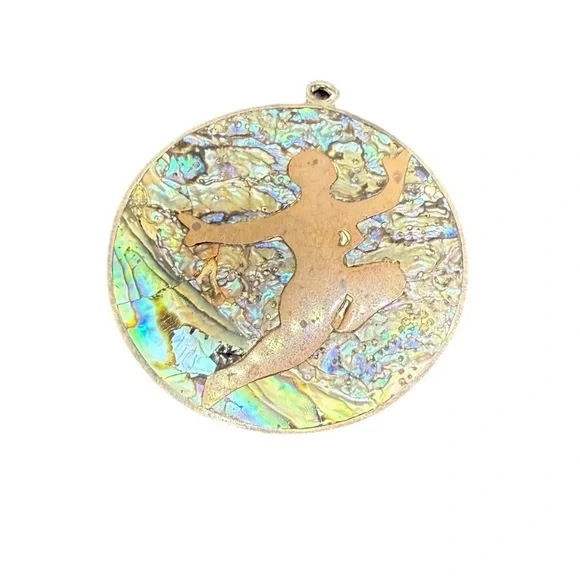 Vintage 925 Sterling Silver Abalone Inlay Dancer Motif Round Mexican Pendant - Picture 5 of 7